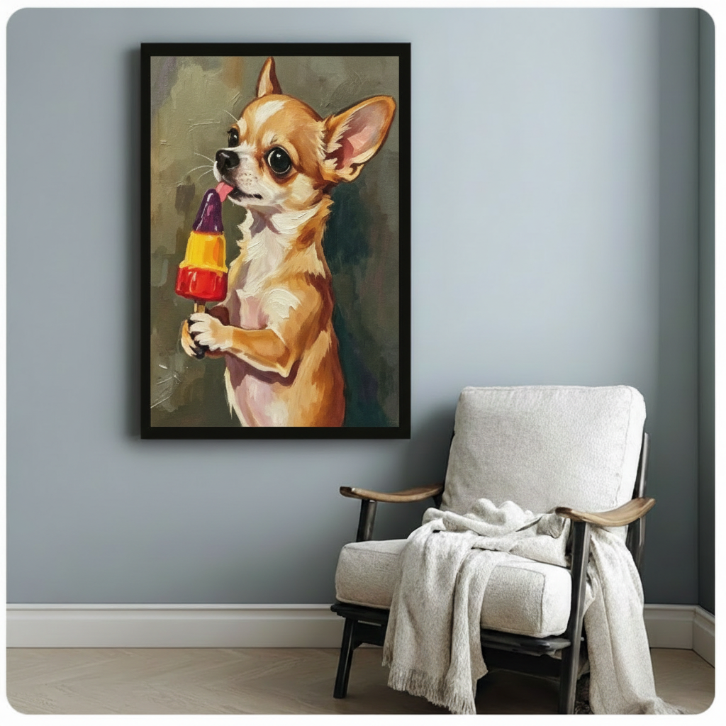 Black framed funny chihuahua popsicle oil painting impasto style cute dog canvas art hung beside a white lounge chair