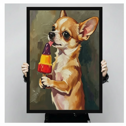 Hands holding black framed chihuahua licking colorful popsicle canvas print funny dog wall art size display