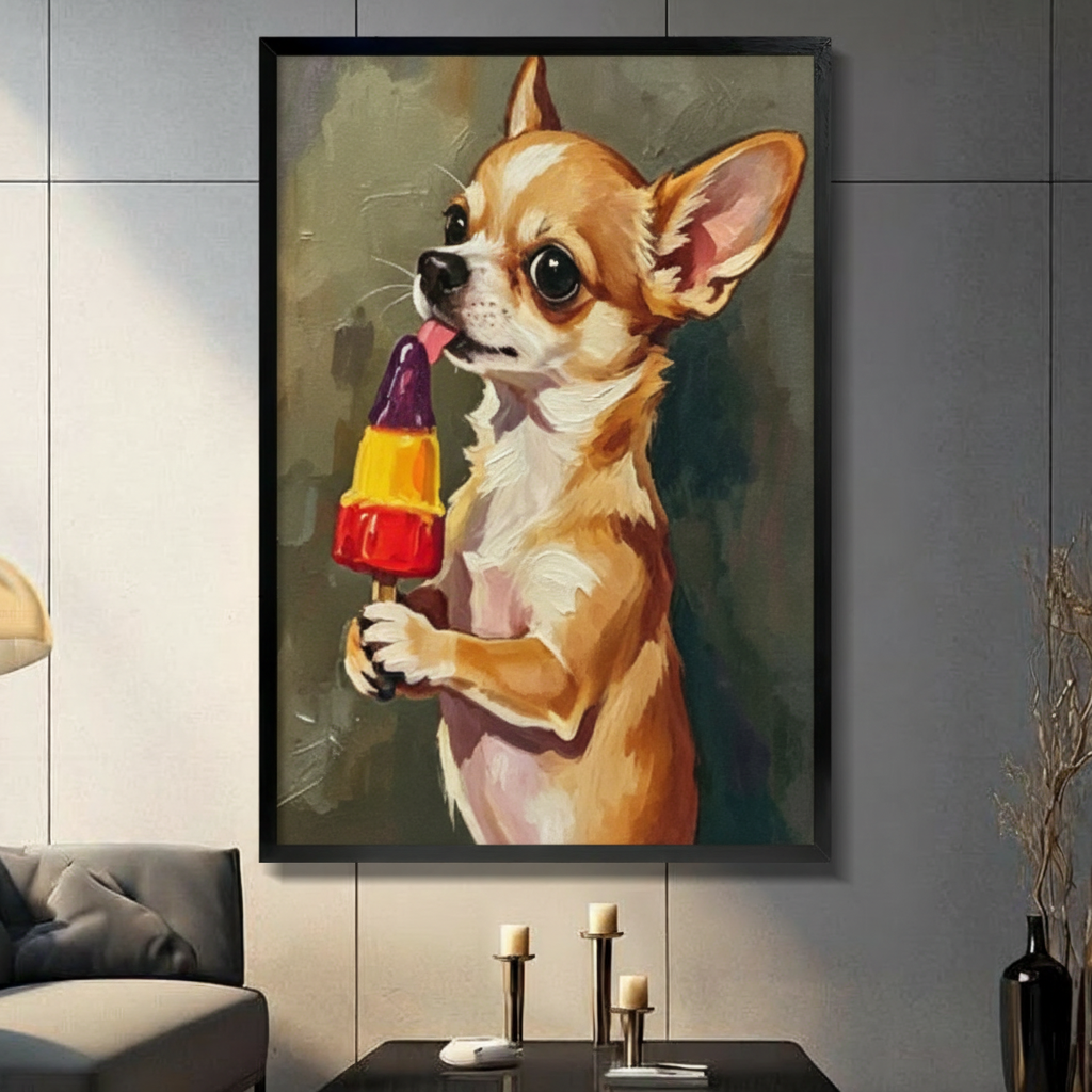 Black framed oil painting of a cute chihuahua licking a colorful popsicle funny dog canvas wall art in a modern living room
