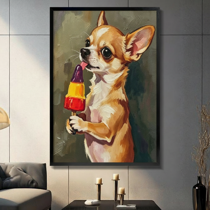 Black framed oil painting of a cute chihuahua licking a colorful popsicle funny dog canvas wall art in a modern living room