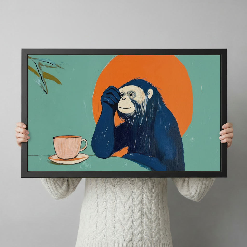 Hand-held framed art print showing a thoughtful chimpanzee beside a coffee cup with a large orange circle on teal background, portrait lifestyle shot