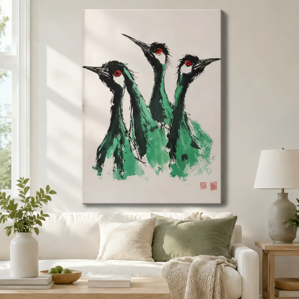 Bold Chinese ink painting of three green cranes with striking red eyes on gallery wrap canvas, displayed above white sofa in serene neutral living room
