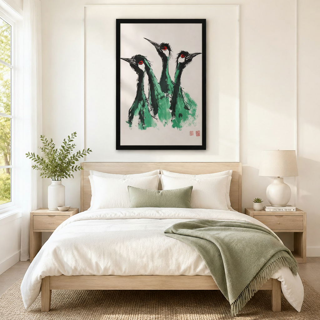 Three green ink-wash cranes with red eyes framed canvas print above oak bed with sage green throw, elegant Japandi bedroom wall art