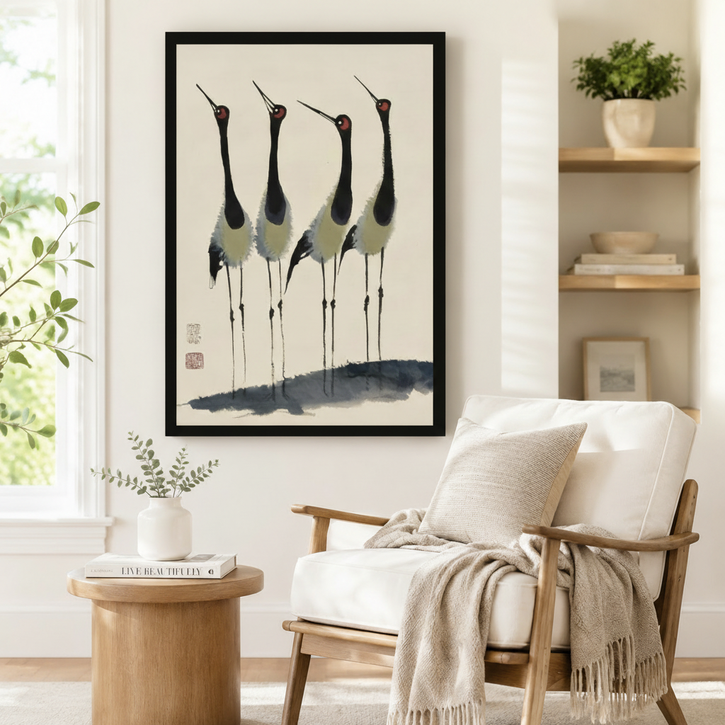  Framed Chinese ink brush painting of four standing red-crowned cranes with ink shadow and red seal displayed beside a white linen armchair in a serene Scandinavian reading nook