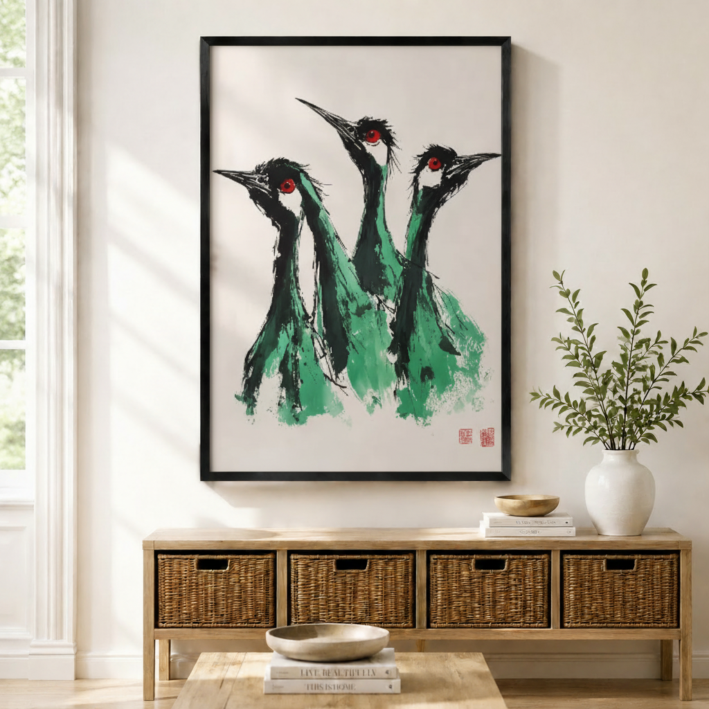 Three expressive green cranes with red eyes in Chinese ink brush style, black framed print hung above rattan console in bright Japandi entryway