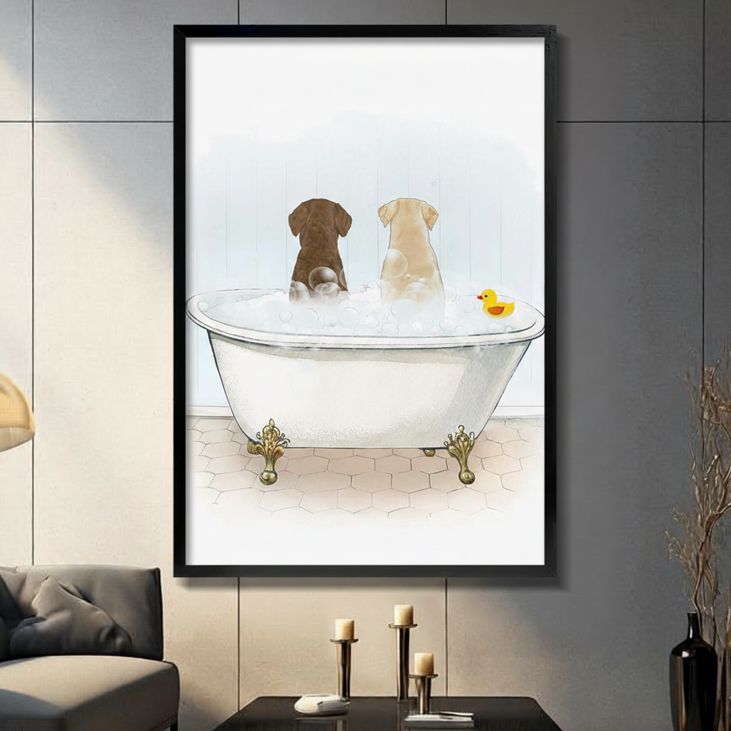 Chocolate and yellow Labrador sitting together in white clawfoot bathtub with rubber duck watercolour illustration in black frame on dark grey panel wall – gold ornate feet hexagon tile floor funny dog bathroom canvas wall art for living room