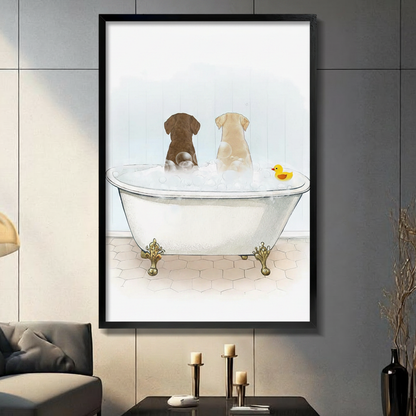 Chocolate and yellow Labrador sitting together in white clawfoot bathtub with rubber duck watercolour illustration in black frame on dark grey panel wall – gold ornate feet hexagon tile floor funny dog bathroom canvas wall art for living room