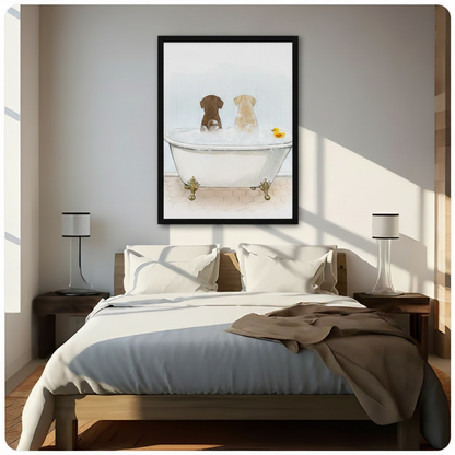 Framed chocolate and yellow Labrador sharing bubble bath in white clawfoot tub with yellow rubber duck watercolour illustration above wooden bed in sunlit bedroom – gold claw feet hexagon tile funny dog canvas wall art for bedroom decor