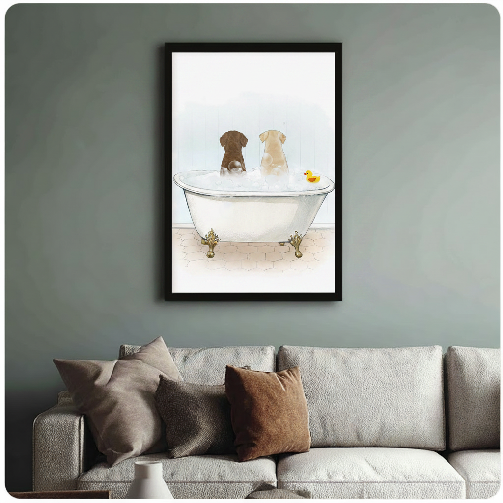 Framed chocolate and yellow Labrador in white clawfoot bathtub with rubber duck watercolour illustration above cream textured sofa on sage green wall – gold ornate feet bubble bath funny dog canvas wall art for living room decor