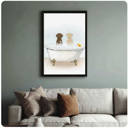 Framed chocolate and yellow Labrador in white clawfoot bathtub with rubber duck watercolour illustration above cream textured sofa on sage green wall – gold ornate feet bubble bath funny dog canvas wall art for living room decor