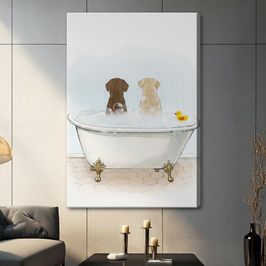 Frameless chocolate and yellow Labrador sharing bubble bath in white clawfoot tub with yellow rubber duck watercolour illustration on dark grey panel wall – gold claw feet hexagon tile floor dog bathroom canvas print for contemporary living room