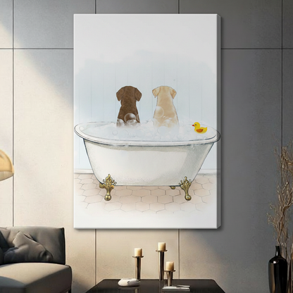Frameless chocolate and yellow Labrador sharing bubble bath in white clawfoot tub with yellow rubber duck watercolour illustration on dark grey panel wall – gold claw feet hexagon tile floor dog bathroom canvas print for contemporary living room