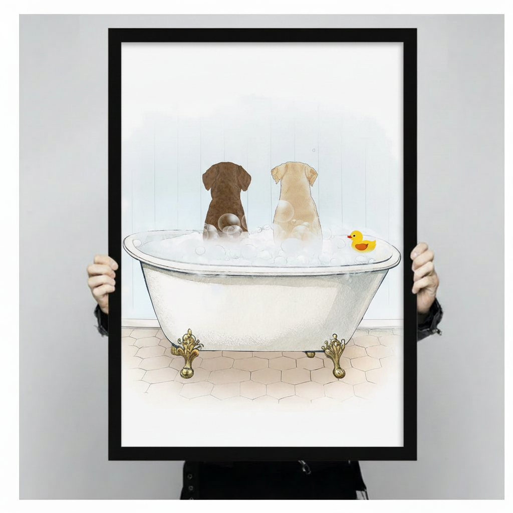 Person holding framed chocolate and yellow Labrador in white clawfoot bathtub with rubber duck watercolour illustration canvas – gold ornate feet bubble bath funny Labrador wall art size reference
