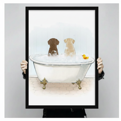 Person holding framed chocolate and yellow Labrador in white clawfoot bathtub with rubber duck watercolour illustration canvas – gold ornate feet bubble bath funny Labrador wall art size reference