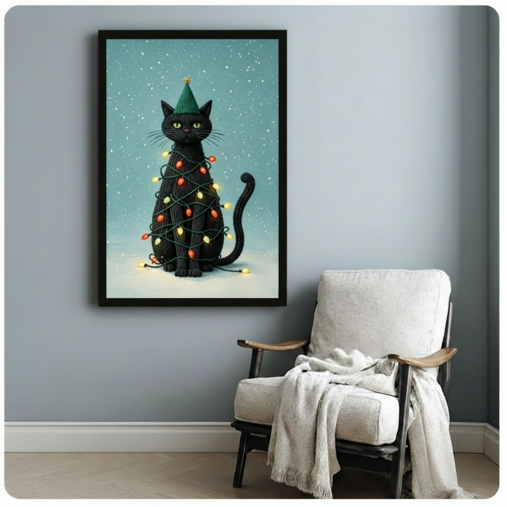 Black framed festive black cat in a dark green knit Christmas hat tangled in glowing multicolor string lights holiday whimsical illustration canvas print with falling snowflakes on teal background hung on a soft blue-gray wall beside a white linen wood armchair with cream throw