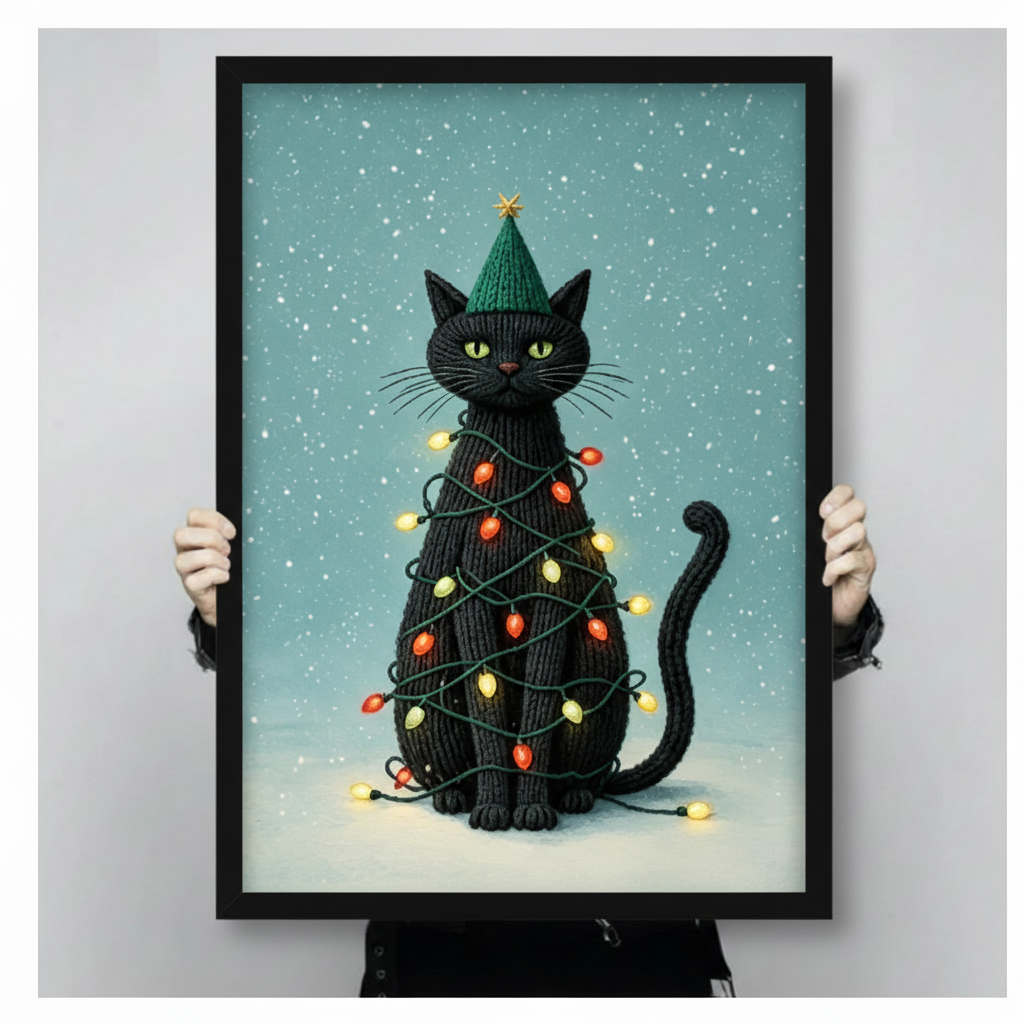 Two hands in black jacket sleeves holding a large black framed Christmas black cat with knitted green star hat wrapped in glowing red yellow fairy lights whimsical holiday canvas art print on snowy teal blue background, front-facing vertical product size display