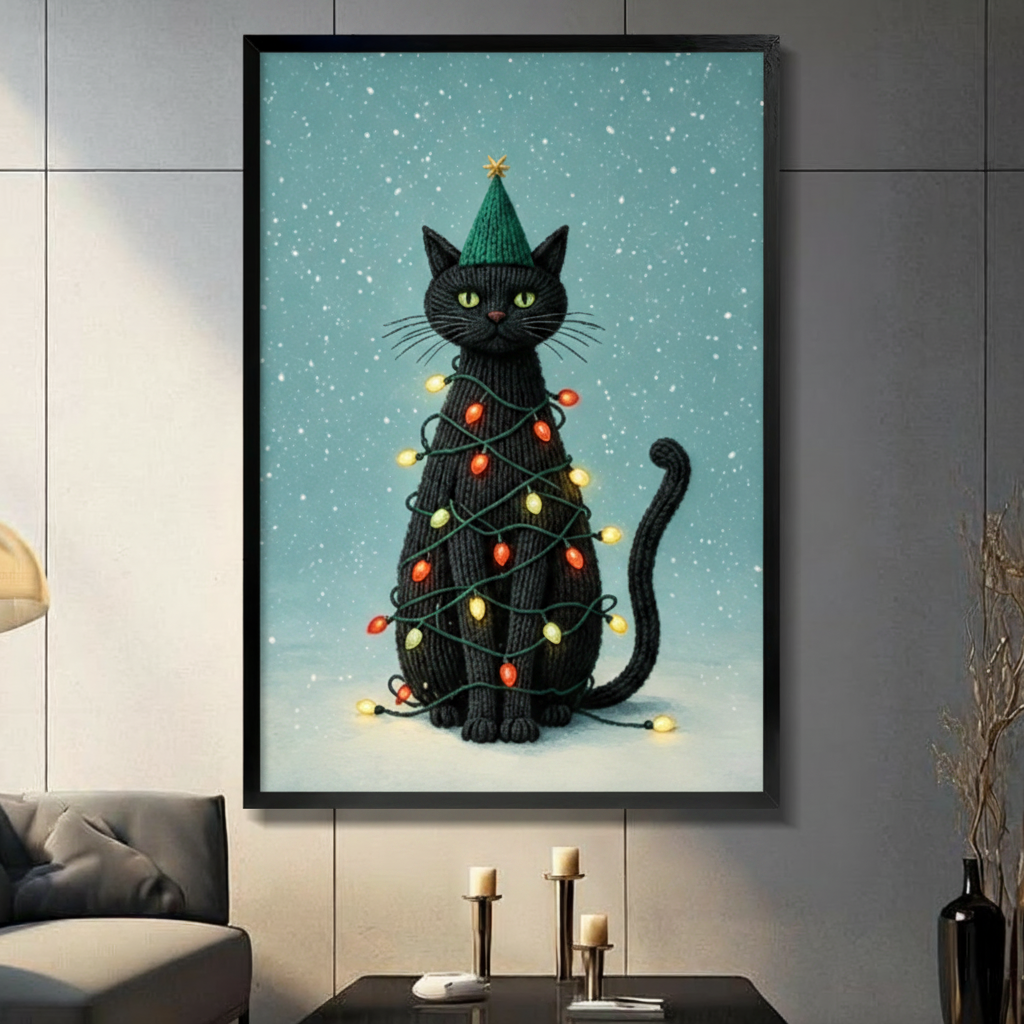 Black framed Christmas black cat with green knit hat and gold star wrapped in glowing red and yellow string lights whimsical holiday illustration canvas wall art on snowy teal blue background displayed in a modern gray living room with dark sofa and white candlesticks
