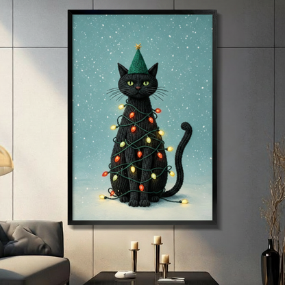 Black framed Christmas black cat with green knit hat and gold star wrapped in glowing red and yellow string lights whimsical holiday illustration canvas wall art on snowy teal blue background displayed in a modern gray living room with dark sofa and white candlesticks
