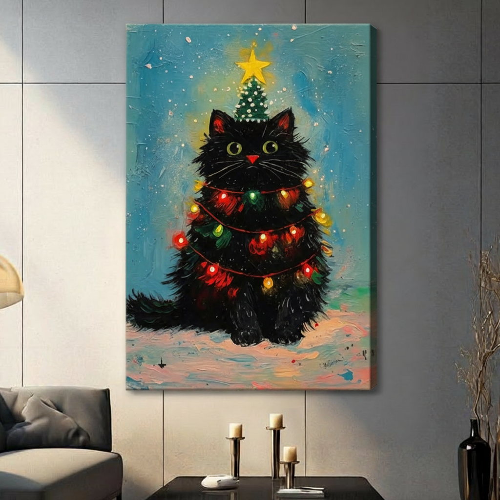 Gallery wrap stretched canvas of a round fluffy black cat with bright green eyes and a red nose wrapped in glowing multicolor Christmas lights wearing a tiny tree hat topped with a yellow star sitting on snowy ground whimsical holiday oil painting on textured teal background hung frameless on a gray tile wall