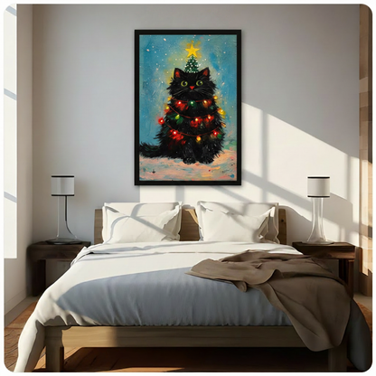 Black framed festive black cat Christmas tree with bright green eyes red nose colorful string lights and a gold star tree hat sitting in the snow whimsical holiday oil painting canvas wall art on teal blue impasto background hung in bright diagonal sunlight above a dark wood bed with white linen bedding