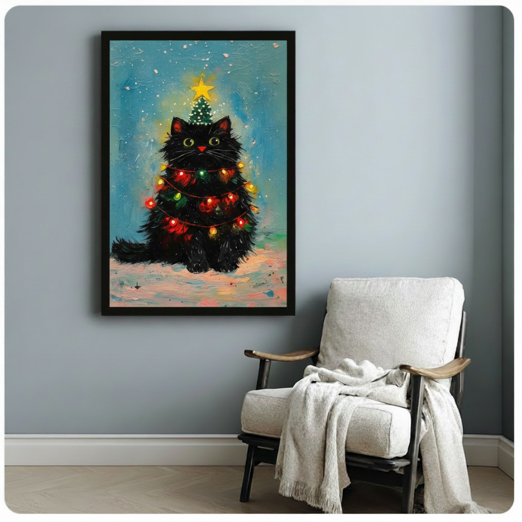 Black framed adorable black cat Christmas tree with glowing red yellow and green string lights a miniature pine hat and gold star topper sitting in snow festive whimsical holiday oil painting canvas print on teal blue impasto background hung on a soft blue-gray wall beside a white linen armchair with cream throw