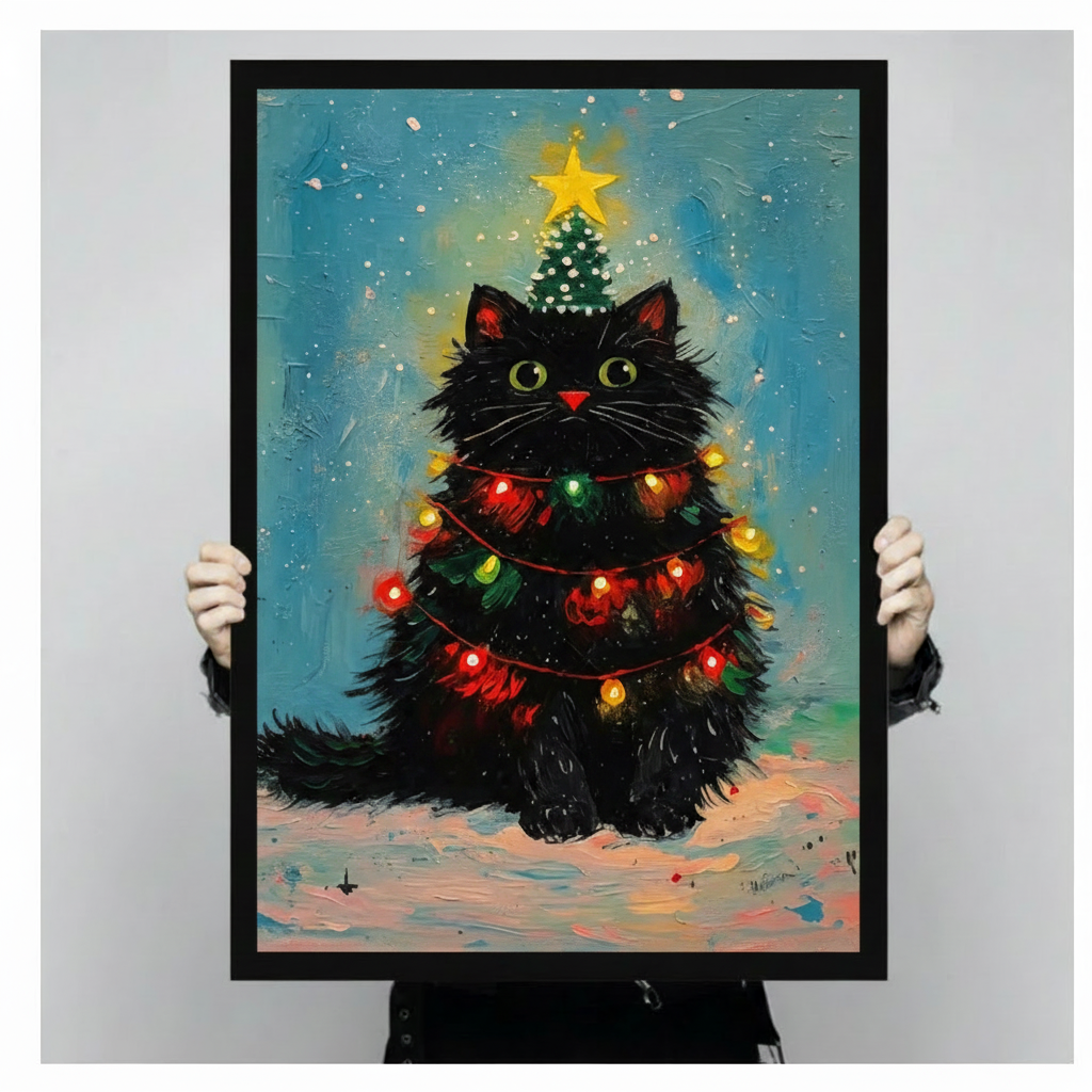Two hands holding a large black framed whimsical fluffy black cat decorated as a Christmas tree with colorful glowing lights mini tree hat and gold star festive holiday oil painting canvas art print on teal blue textured background, front-facing vertical product size display