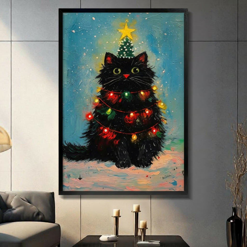 Black framed whimsical fluffy black cat dressed as a Christmas tree with colorful string lights red green and yellow bulbs a mini tree hat and gold star on top sitting in the snow festive holiday oil painting canvas wall art on teal blue impasto background displayed in a modern gray living room with dark sofa and metal candlesticks