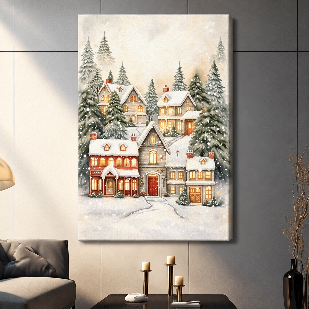 Watercolor of a snowy Christmas village with glowing cottage windows red house and snow-laden pine trees wall art stretched canvas dark panel wall living room