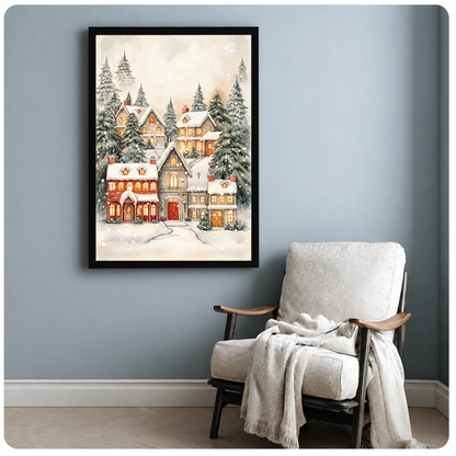 Watercolor of a snowy Christmas village with glowing cottage windows red house and snow-laden pine trees wall art framed print beside armchair blue-gray wall