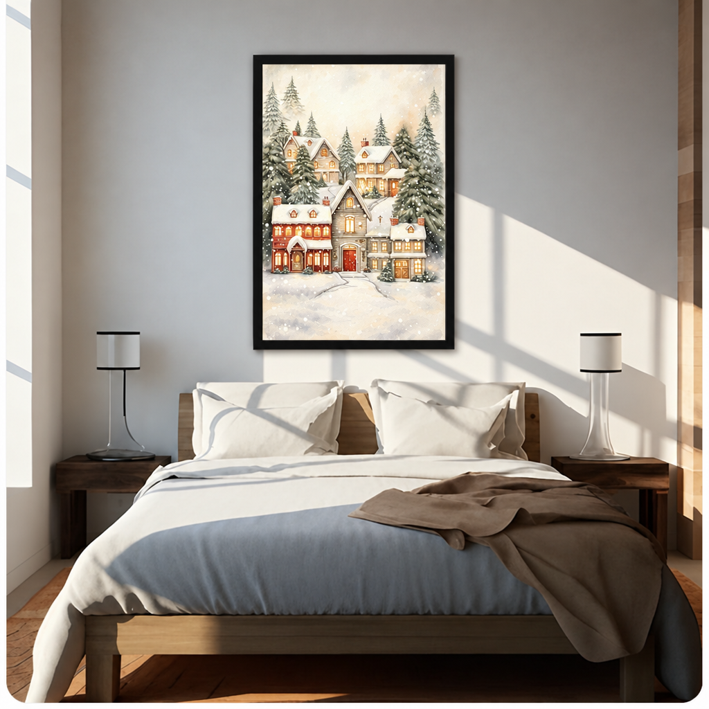 Watercolor of a snowy Christmas village with glowing cottage windows red house and snow-laden pine trees wall art framed print above bed sunlit bedroom