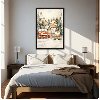 Watercolor of a snowy Christmas village with glowing cottage windows red house and snow-laden pine trees wall art framed print above bed sunlit bedroom
