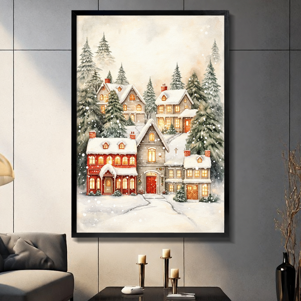 Watercolor of a snowy Christmas village with glowing cottage windows red house and snow-laden pine trees wall art framed print dark panel wall living room