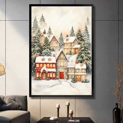 Watercolor of a snowy Christmas village with glowing cottage windows red house and snow-laden pine trees wall art framed print dark panel wall living room