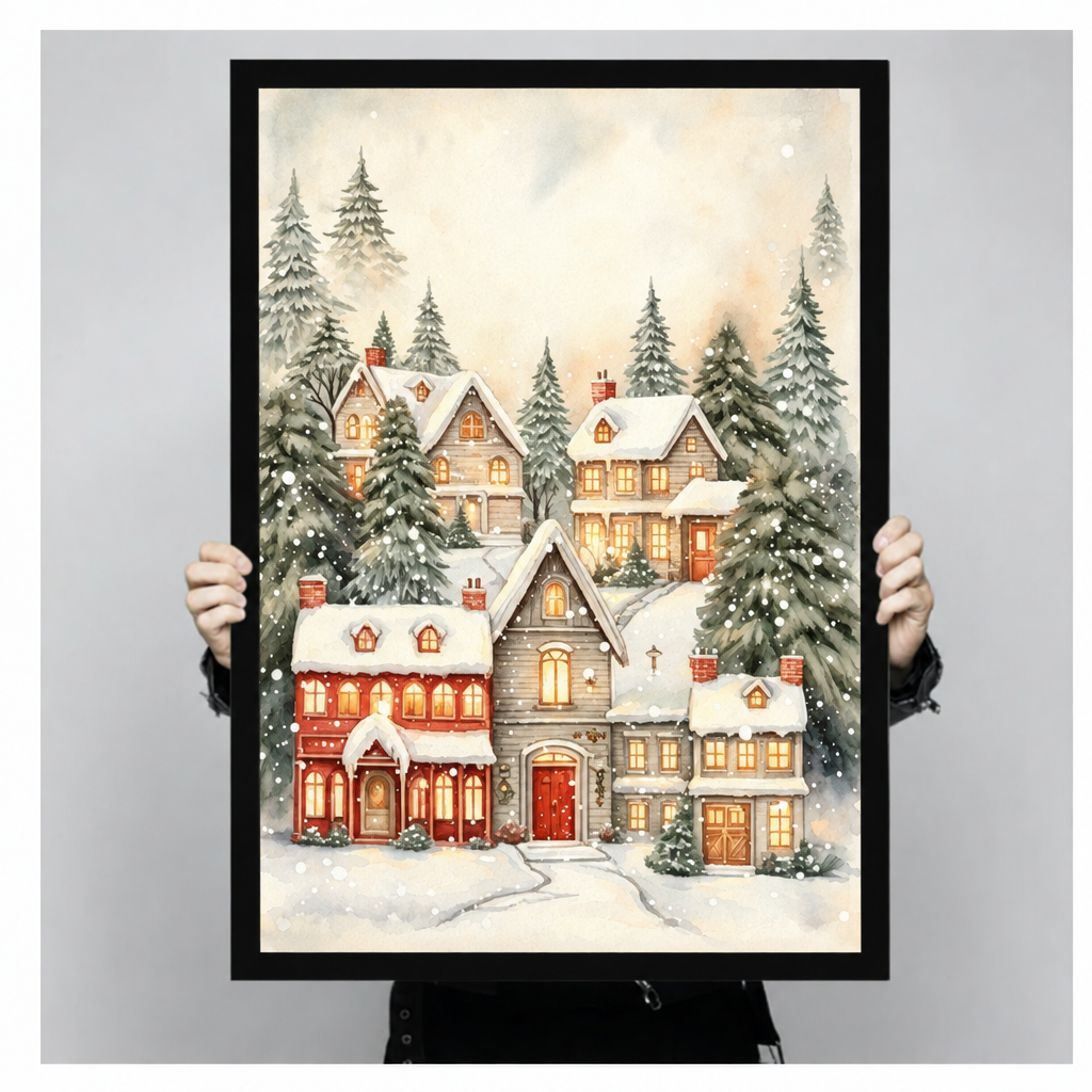 Watercolor of a snowy Christmas village with glowing cottage windows red house and snow-laden pine trees wall art framed print held up