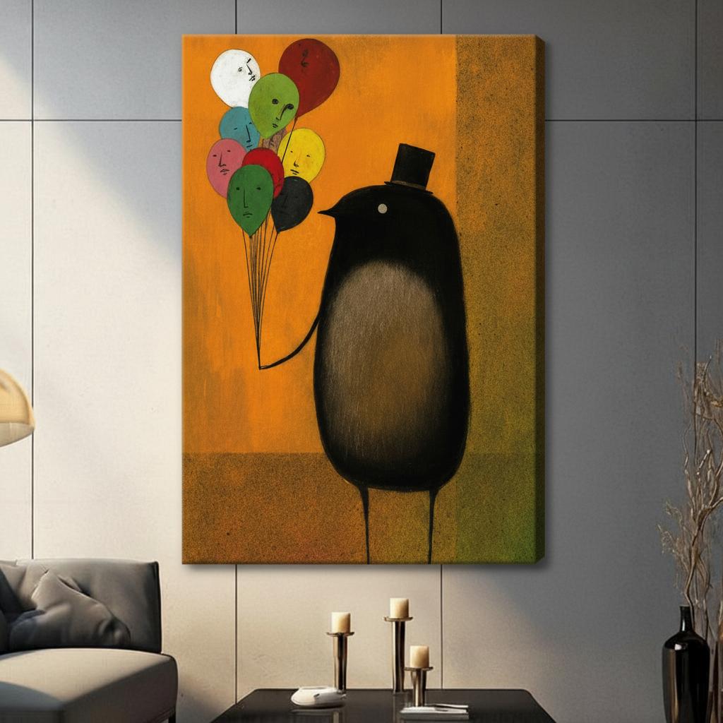 Whimsical round black bird with top hat clutching multicolored balloons with human faces on golden orange background, stretched canvas print on grey tile wall in contemporary living room