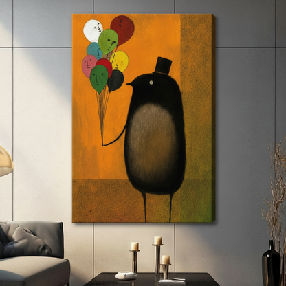 Whimsical round black bird with top hat clutching multicolored balloons with human faces on golden orange background, stretched canvas print on grey tile wall in contemporary living room