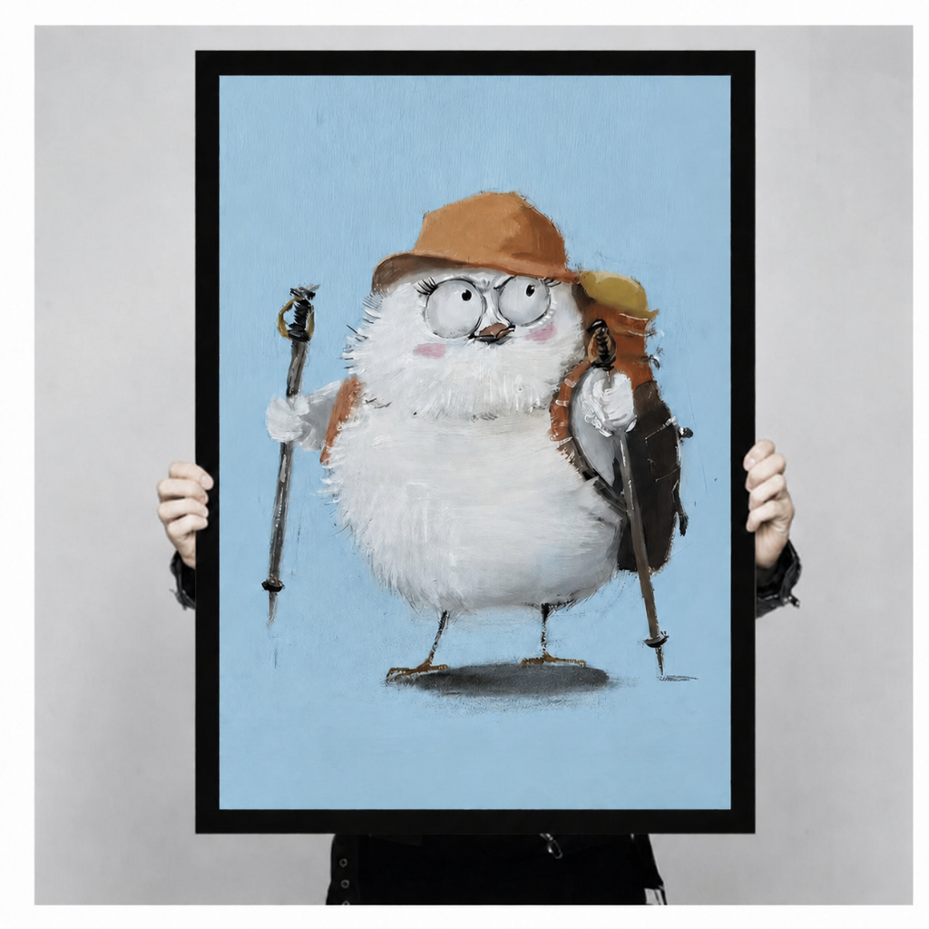 Hand-held framed poster of a funny fluffy bird wearing glasses and a bucket hat, carrying a backpack and trekking poles, oil painting style