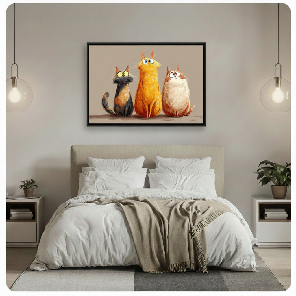 Three chubby cats horizontal canvas above dark wood bed — whimsical oil-style cat wall art in cozy American bedroom interior