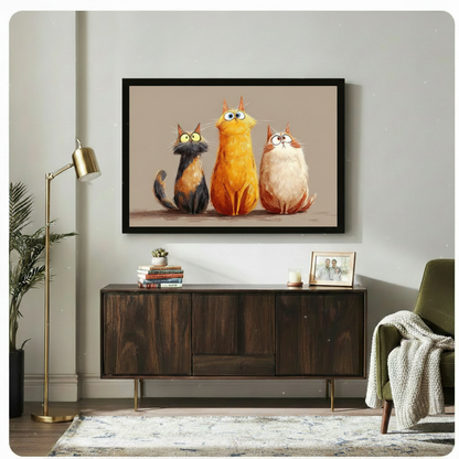 Person holding chubby cats trio framed canvas print — humorous cat wall art gift idea for cat lovers and American home decorators