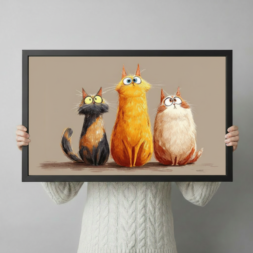 Funny chubby cats trio framed canvas on light gray wall above white armchair — whimsical horizontal cat illustration for eclectic American interior