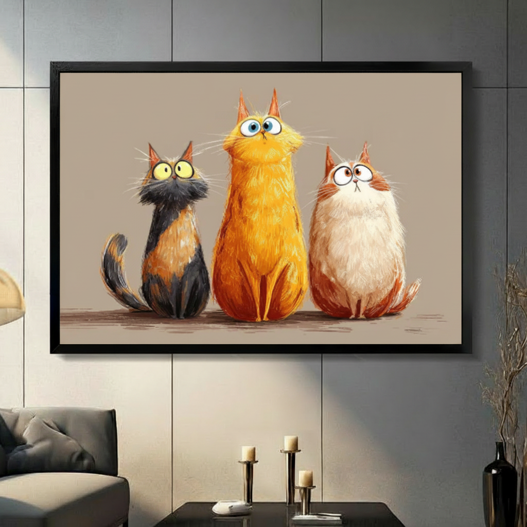 Chubby cats trio framed canvas wall art in black frame — three funny cats with big eyes displayed above gray sofa in modern American living room