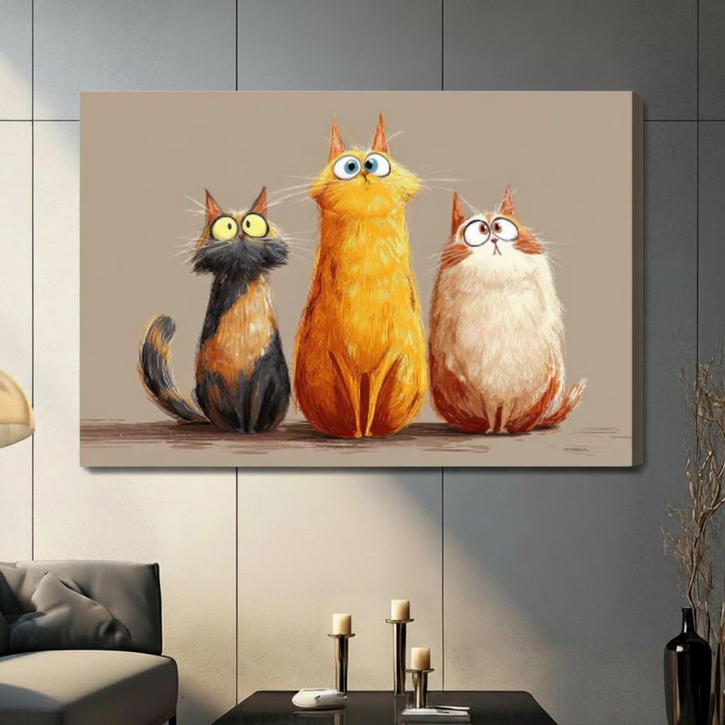 Three chubby cats stretched canvas wall art — frameless gallery wrap horizontal print above sofa in contemporary American home decor