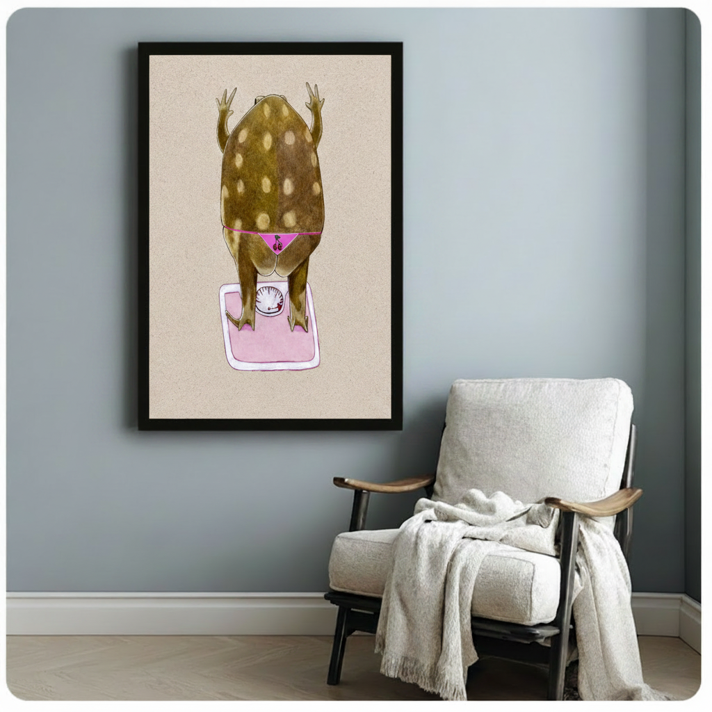 Black framed funny frog on bathroom scale illustration poster with pink bikini detail hanging on light blue-gray wall beside a cozy white linen armchair