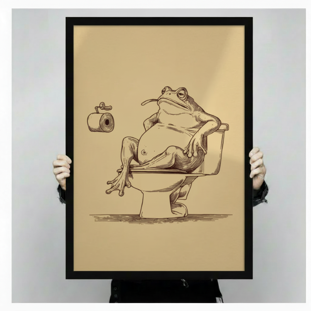 Person holding a large framed canvas of a chubby frog lounging on a toilet with a toilet paper roll, showcasing the warm tan background, detailed sketch linework, and black frame