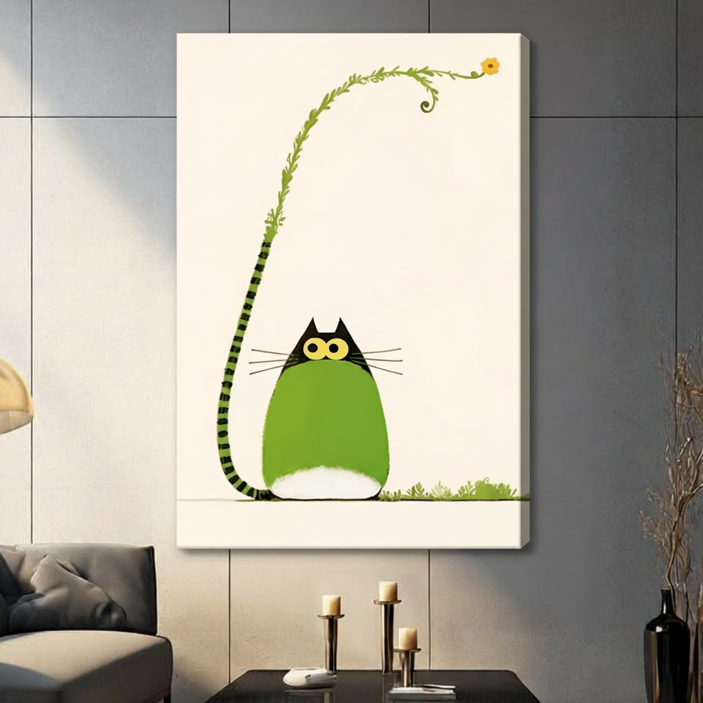 Unframed stretched canvas print of a round green cat with big yellow eyes and a striped tail blooming into a leafy vine with a tiny yellow flower on a warm cream background in a contemporary grey living room