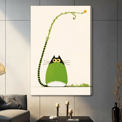 Unframed stretched canvas print of a round green cat with big yellow eyes and a striped tail blooming into a leafy vine with a tiny yellow flower on a warm cream background in a contemporary grey living room