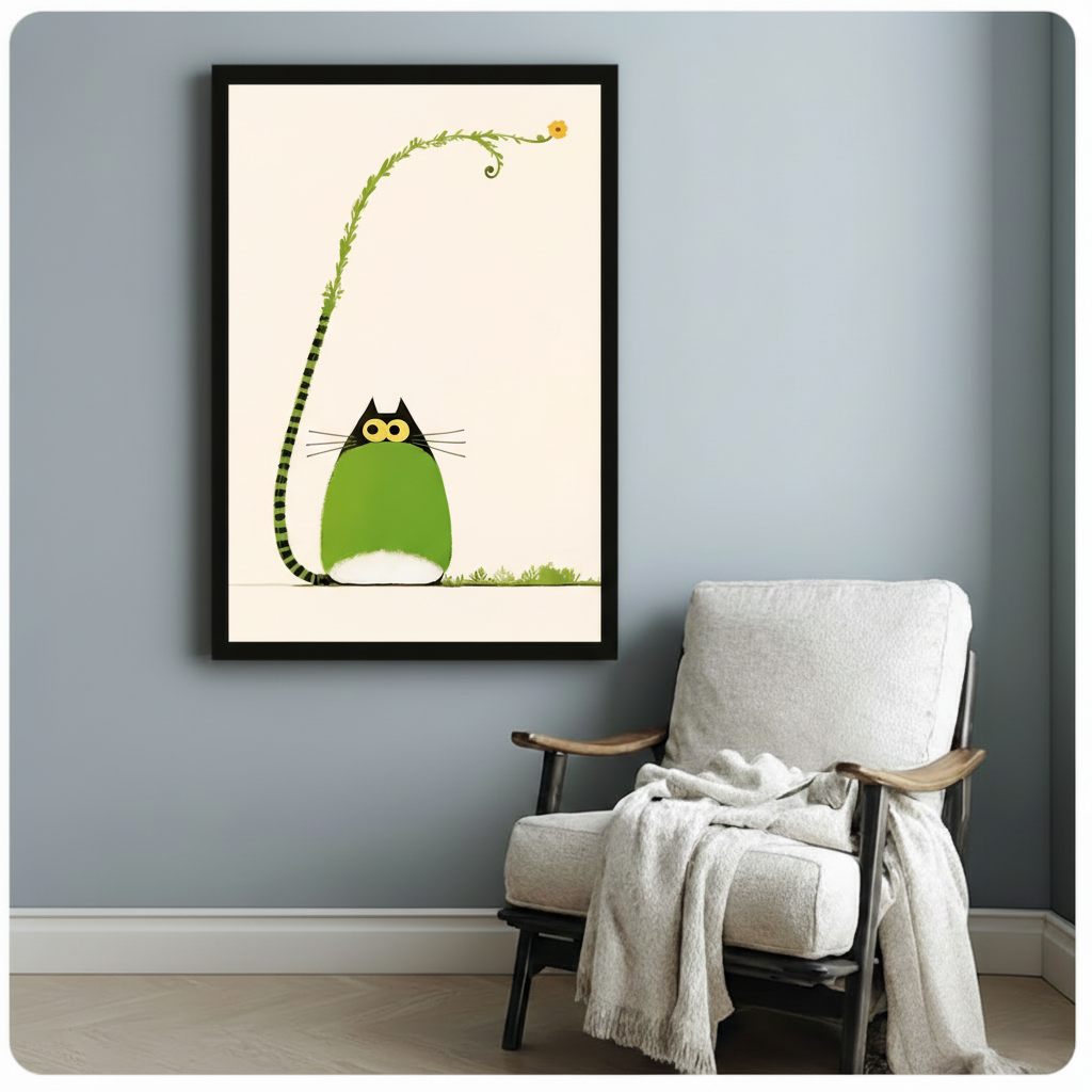 Black framed chubby green cat with flowering vine tail canvas art print in whimsical minimalist illustration style on cream background on a light blue-grey wall beside a white linen armchair with draped throw