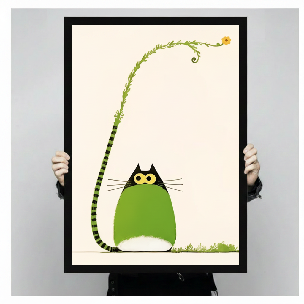 Person holding a large black framed chubby green cat with a long striped vine tail and tiny yellow flower canvas art print showing print size scale and clean minimalist illustration detail on cream background