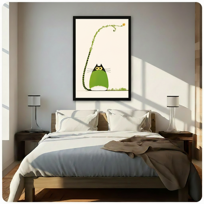 Framed whimsical chubby green cat with a striped tail blooming into a leafy vine and yellow flower canvas wall art on cream background hung above a wooden bed with white bedding in a sunlit minimalist bedroom
