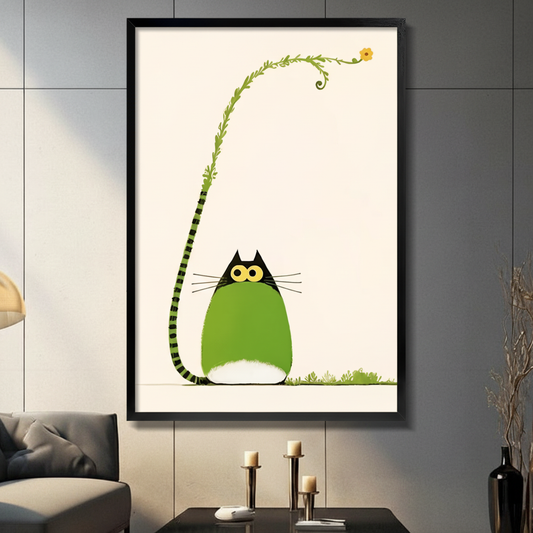 Framed chubby green cat with a long striped tail curling into a flowering vine canvas wall art with minimalist illustration on cream background displayed on a dark grey wall in a modern living room